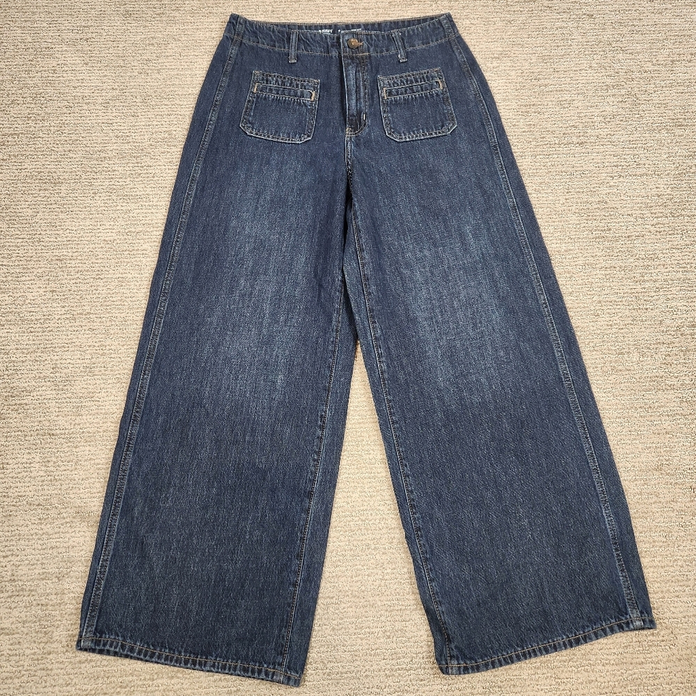 Old Navy Drapey Baggy Wide Leg Womens 8 High Rise Dark Denim Jeans Trouser